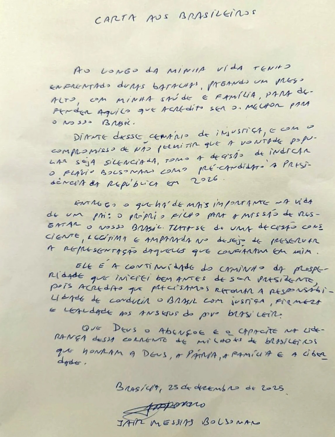 Bolsonaro divulga “Carta aos Brasileiros” e indica Flávio Bolsonaro como pré-candidato à Presidência em 2026