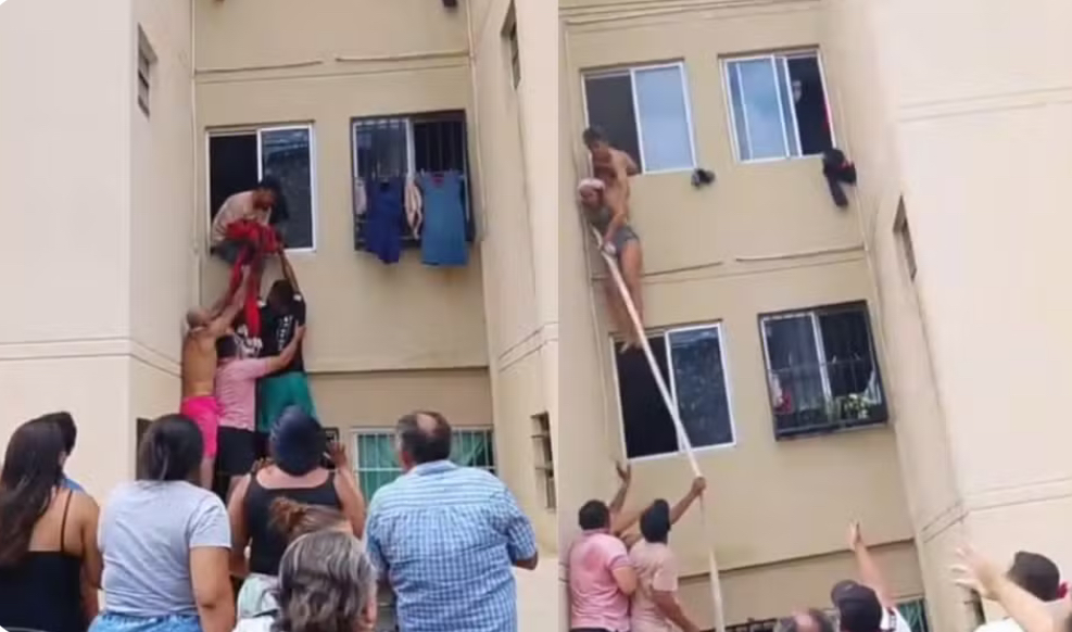 Moradores resgatam mulher e bebê durante incêndio em apartamento no bairro Prefeito José Walter, em Fortaleza