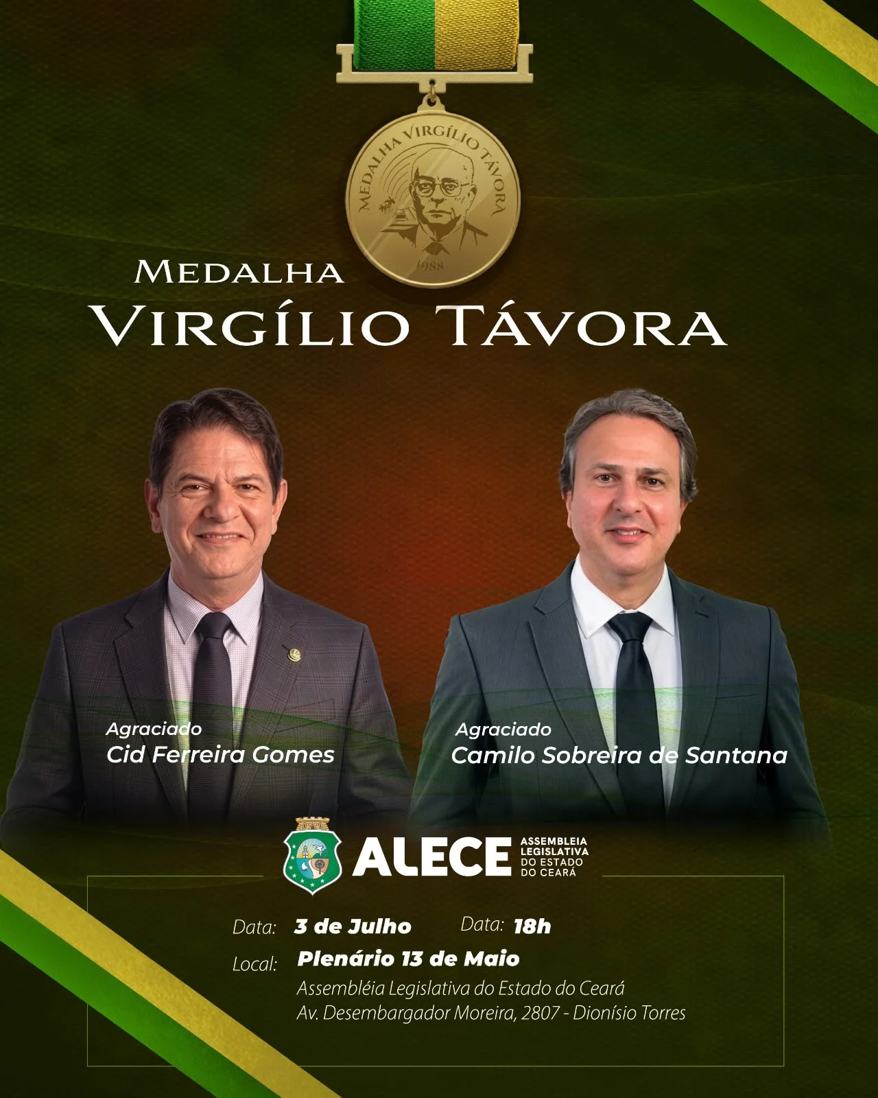Alece homenageará Cid Gomes e Camilo Santana com a Medalha Virgílio Távora