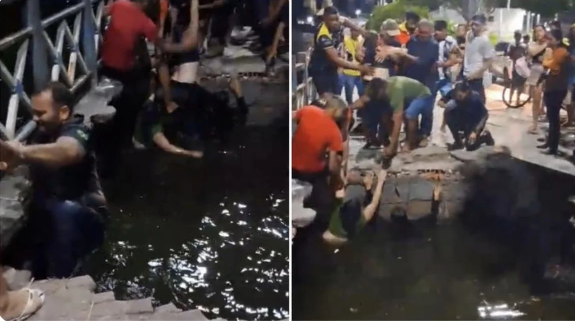 Parte de calçadão desaba e pedestres caem em lagoa durante passeio público em Morada Nova