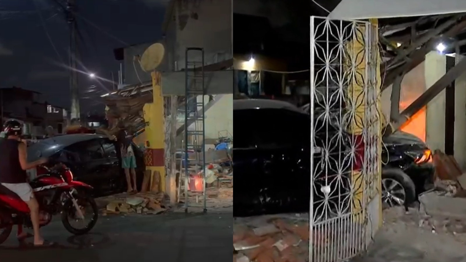 Colisão entre carros e moto destrói bar em Fortaleza