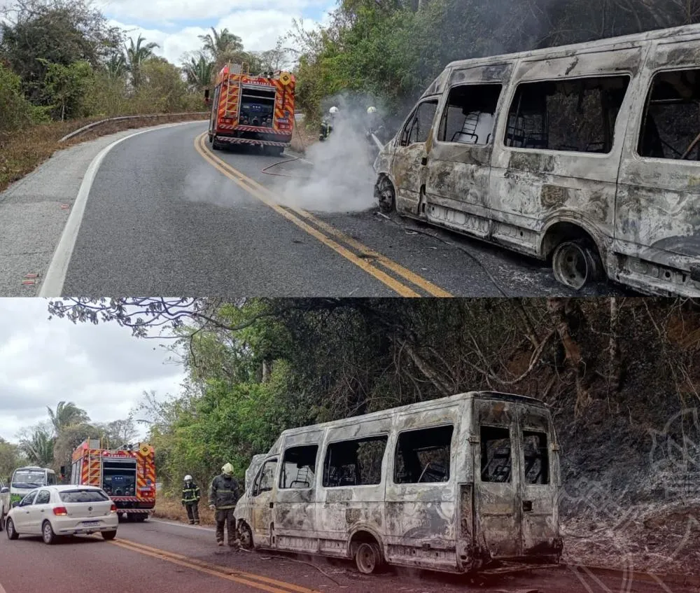 Van pega fogo na CE-366 entre Guaraciaba e Reriutaba